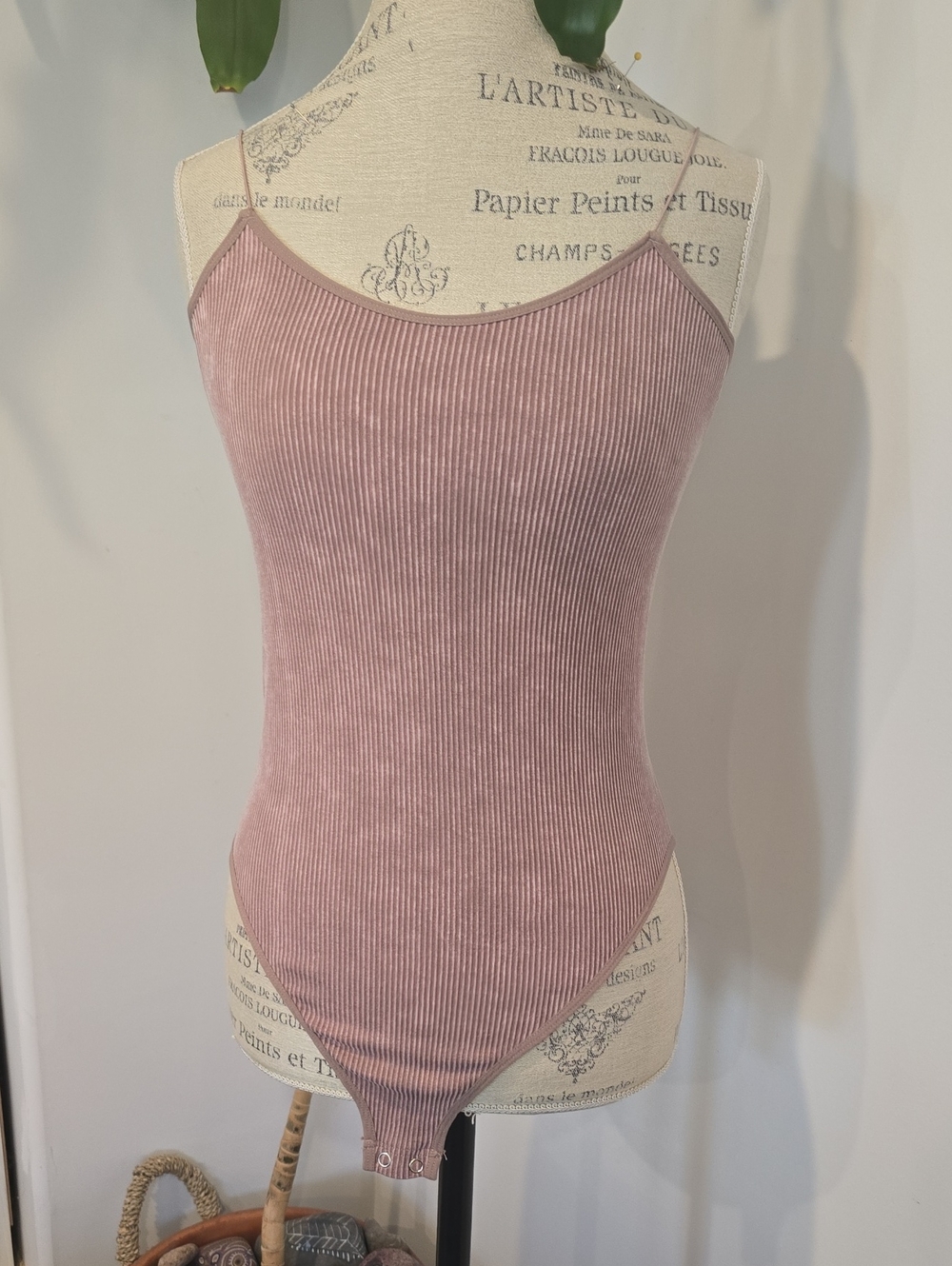 Ribbed Spaghetti Strap Bodysuit - Dusty Rose